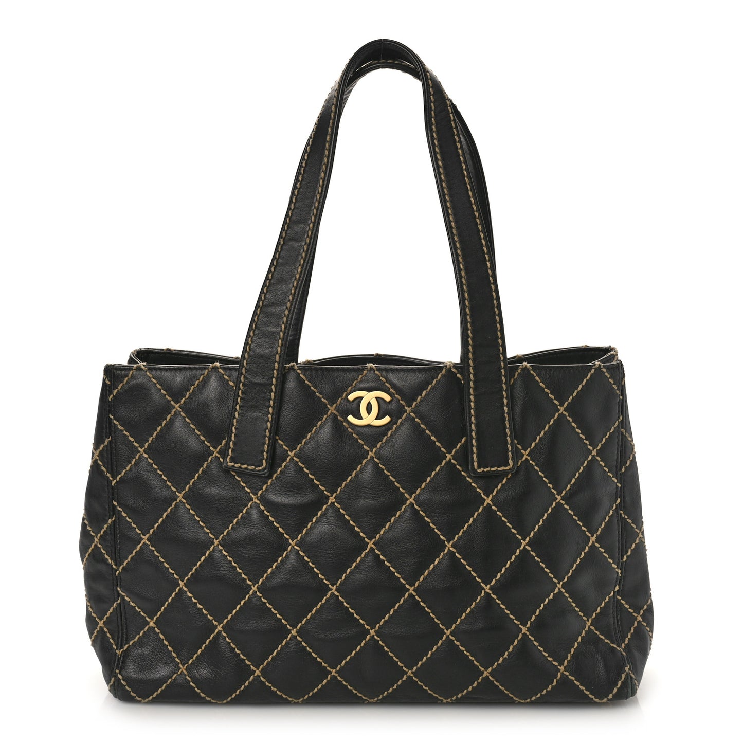 Calfskin Contrast Stitch Surpique Tote Black