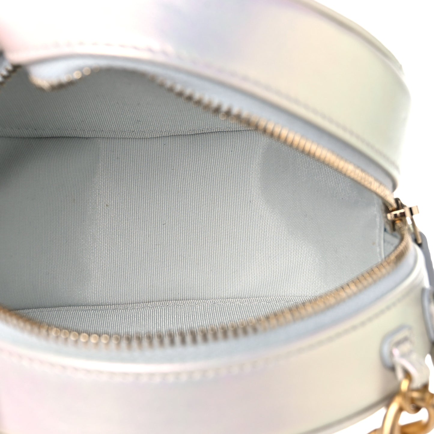 Iridescent Calfskin Quilted Chanel 19 Round Clutch With Chain White
