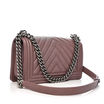 Chanel Metallic Caviar Chevron Quilted Medium Boy Flap Dark Pink 3 of 11