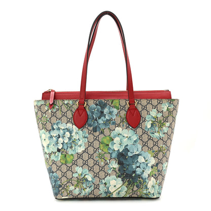 Gucci GG Supreme Monogram Blooms Medium Zippered Bucket Tote Beige Blue Navy Hibiscus Red 1 of 12