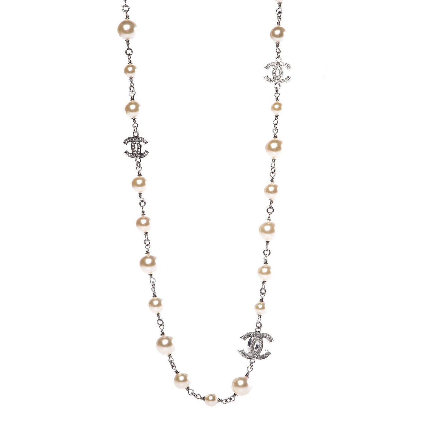 Crystal Pearl CC Long Necklace Silver