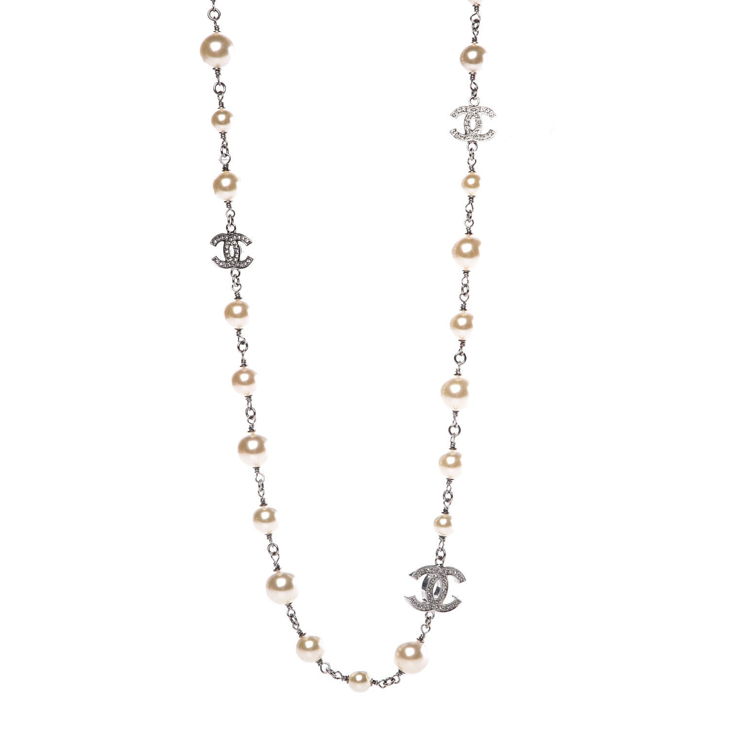 Chanel Crystal Pearl CC Long Necklace Silver 1 of 7