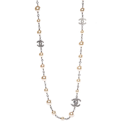 Chanel Crystal Pearl CC Long Necklace Silver 1 of 7