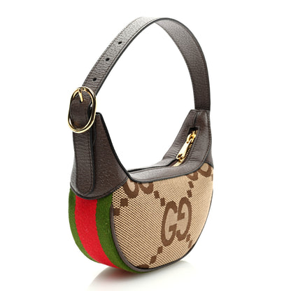 Gucci Monogram Jumbo GG Textured Dollar Calfskin Web Mini Ophidia Half Moon Hobo Camel Ebony New Acero 3 of 8