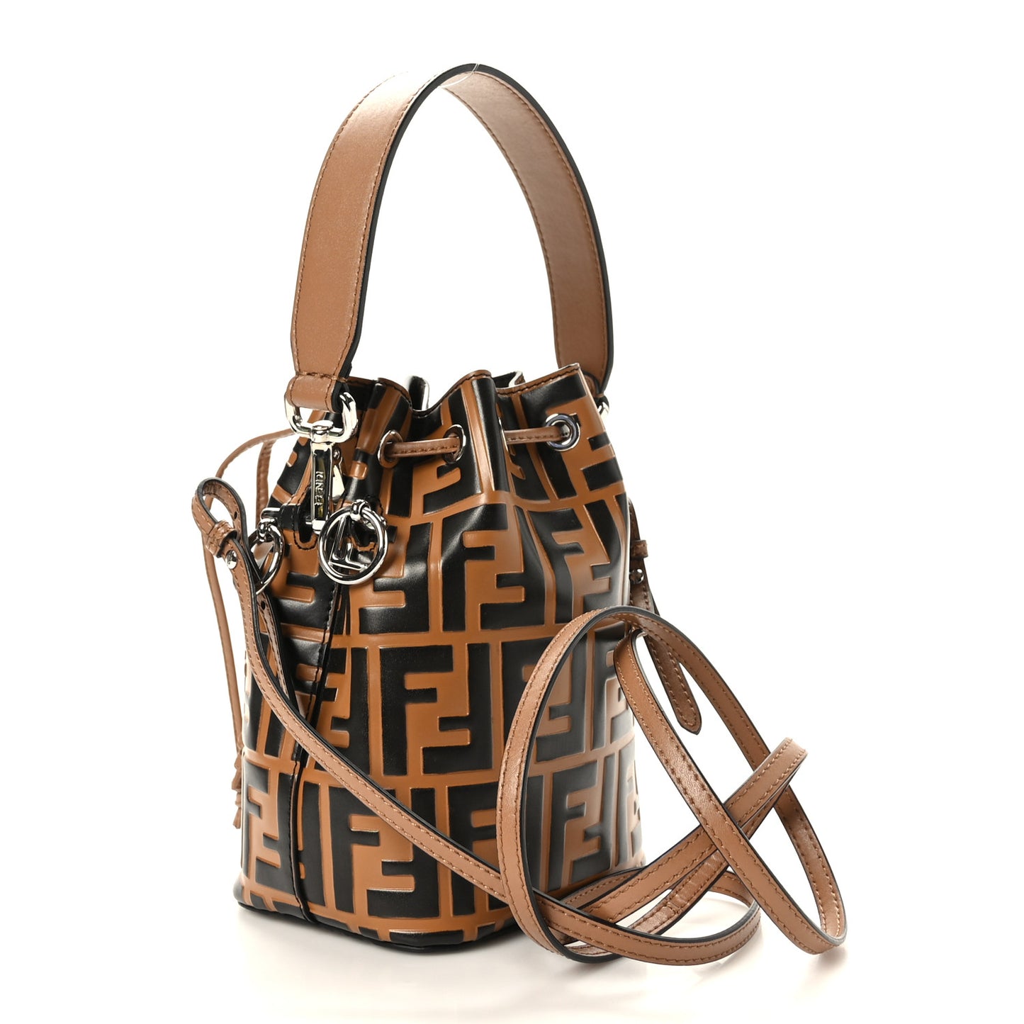 Vitello Liberty F is Fendi Bi-Color FF 1974 Embossed Mini Mon Tresor Bucket Bag Tobaco Orzo