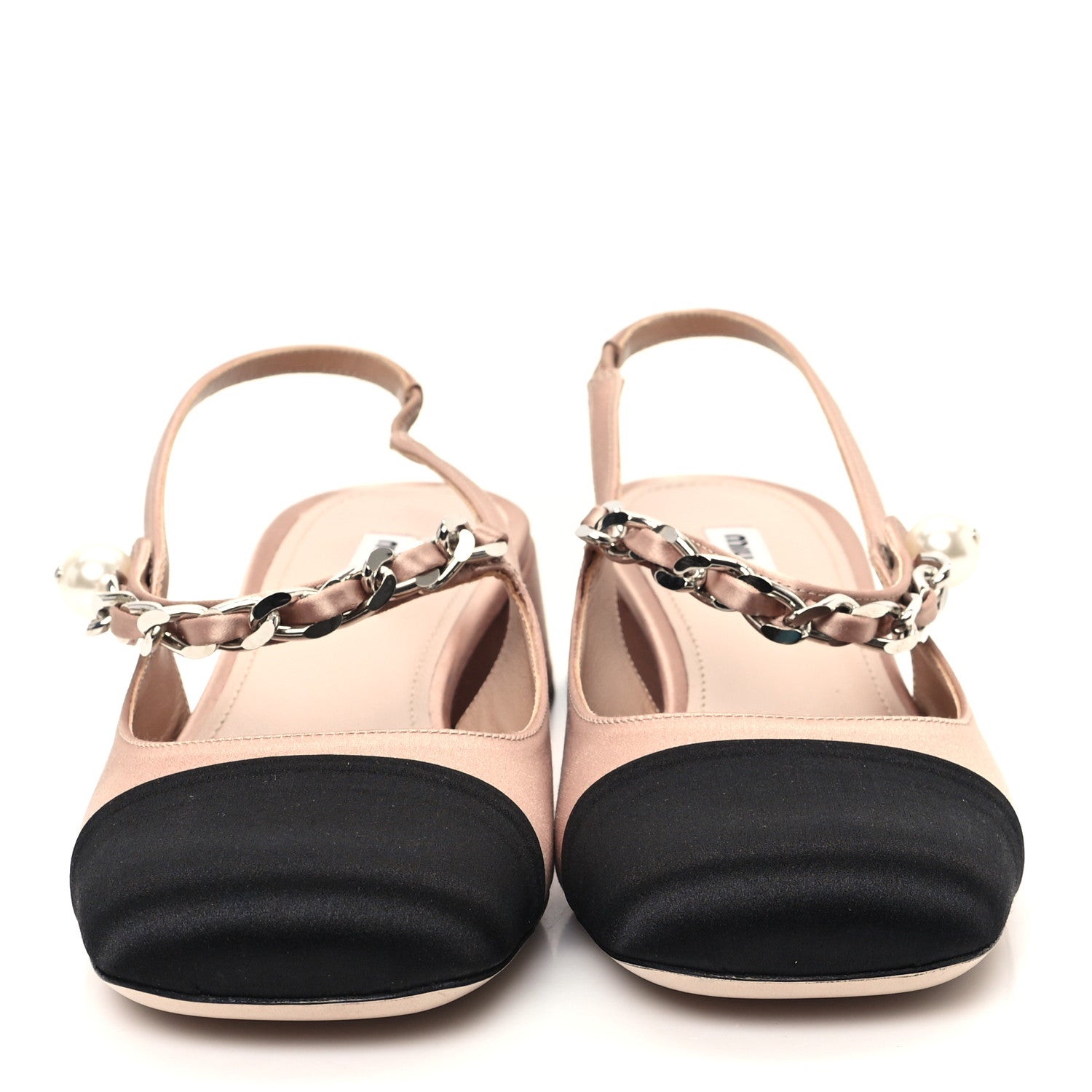 Miu Miu Satin Chain Pearl Slingback Pumps 39 Cammeo Black 3 of 9