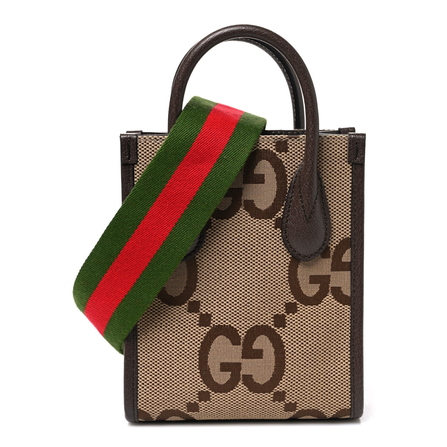 Gucci Monogram Jumbo GG Textured Dollar Calfskin Web Mini Vertical Tote Camel Ebony New Acero 1 of 10