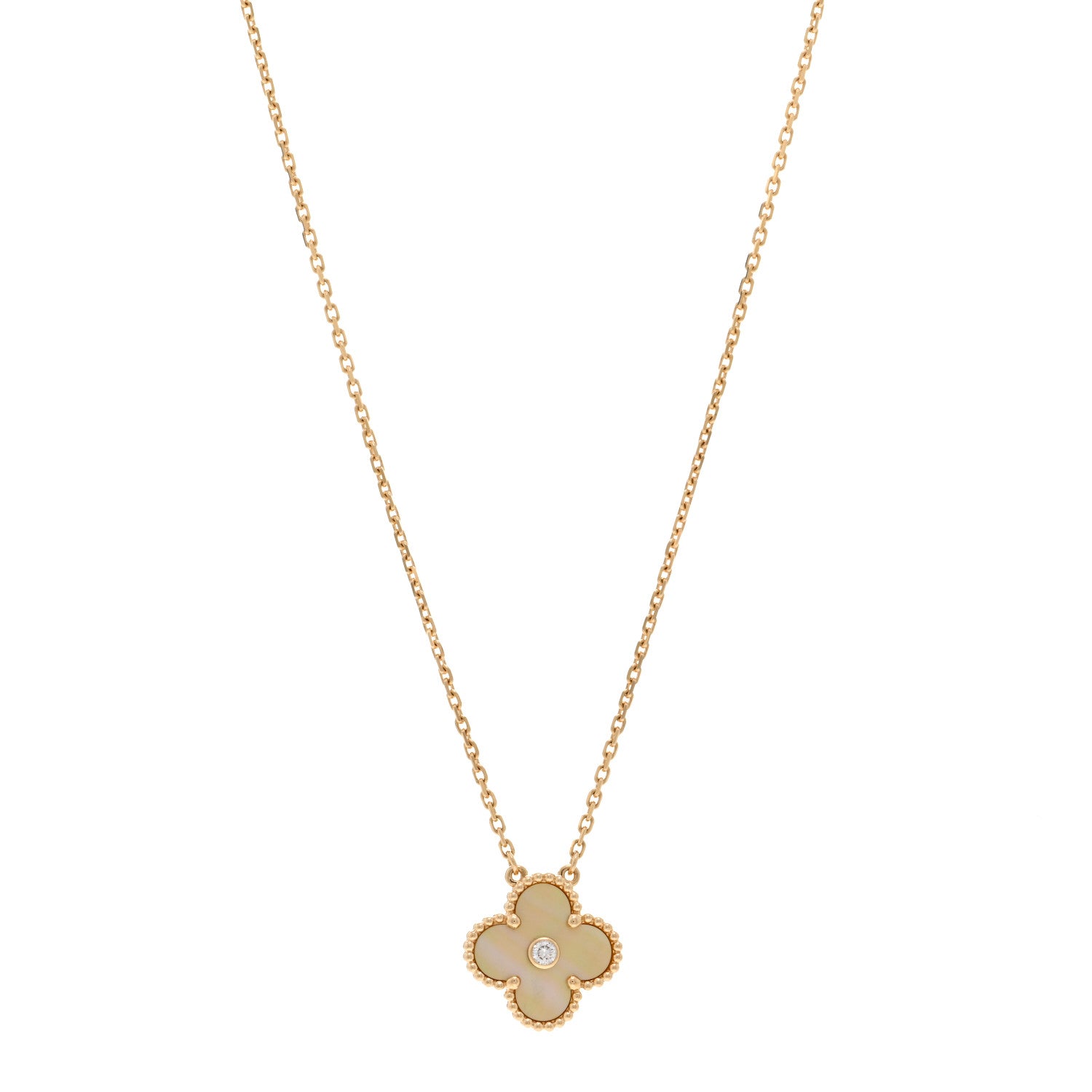 Van Cleef & Arpels 18K Yellow Gold Diamond Yellow Mother of Pearl Vintage Alhambra Pendant Necklace 1 of 5