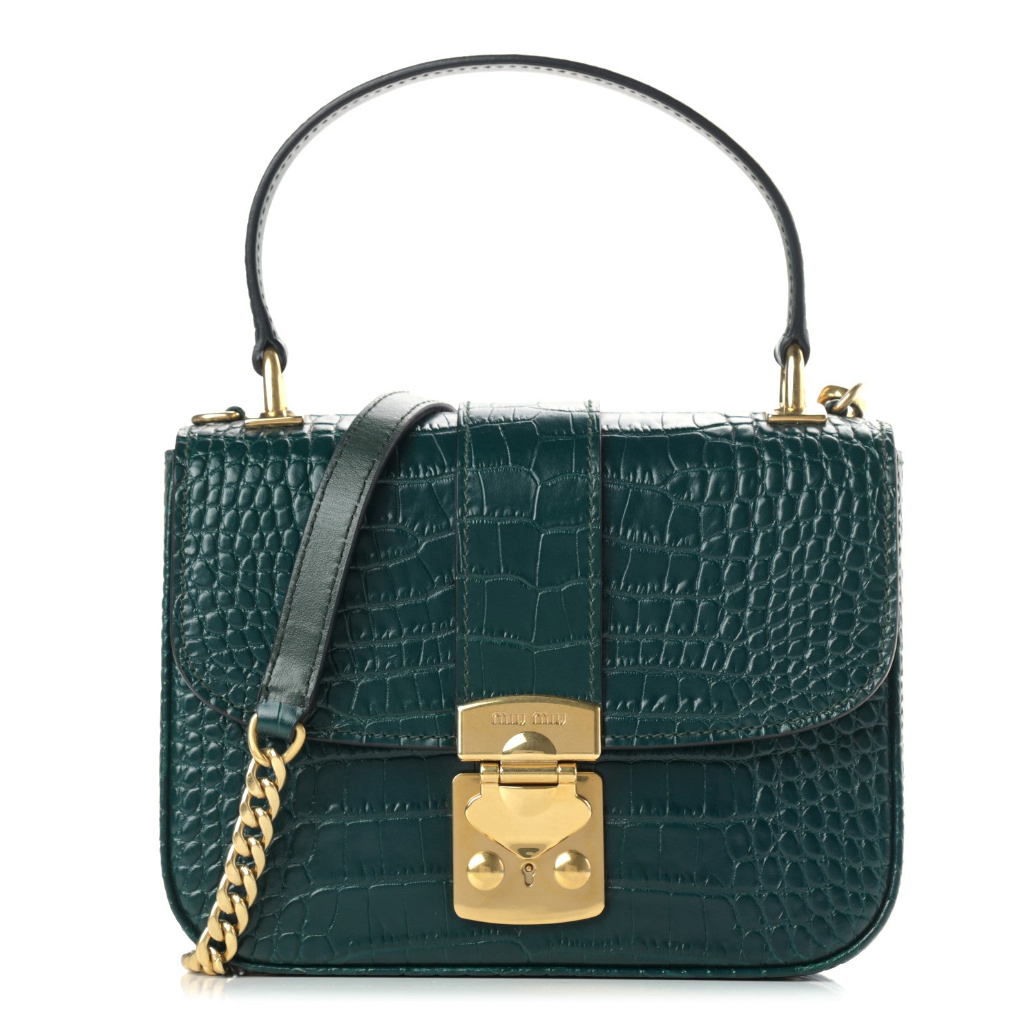 Miu Miu Crocodile Print Calfskin Top Handle Bag Emerald 1 of 9