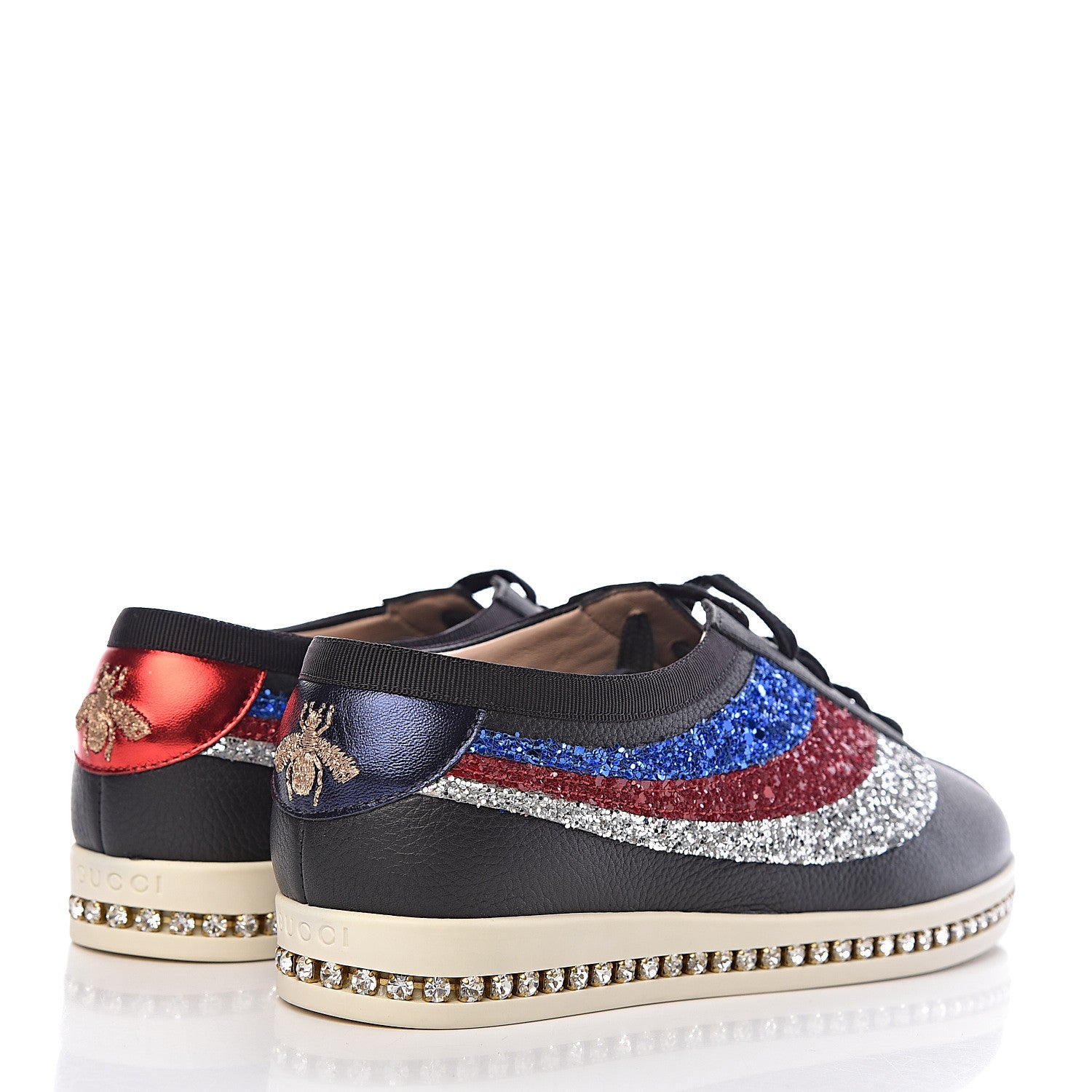 Gucci Calfskin Glitter Crystal Womens Sylvie Web Falacer Sneakers 36 Black 4 of 10