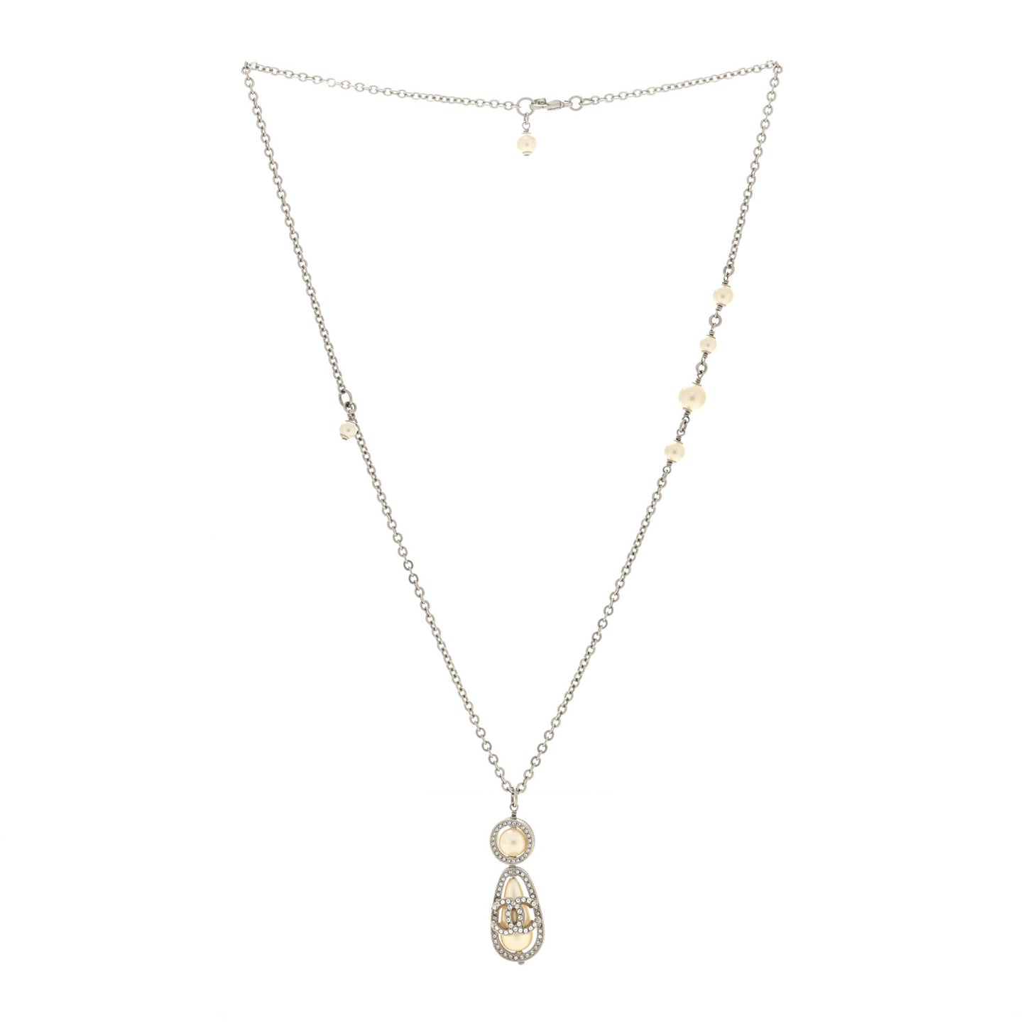 Crystal Pearl CC Necklace Silver