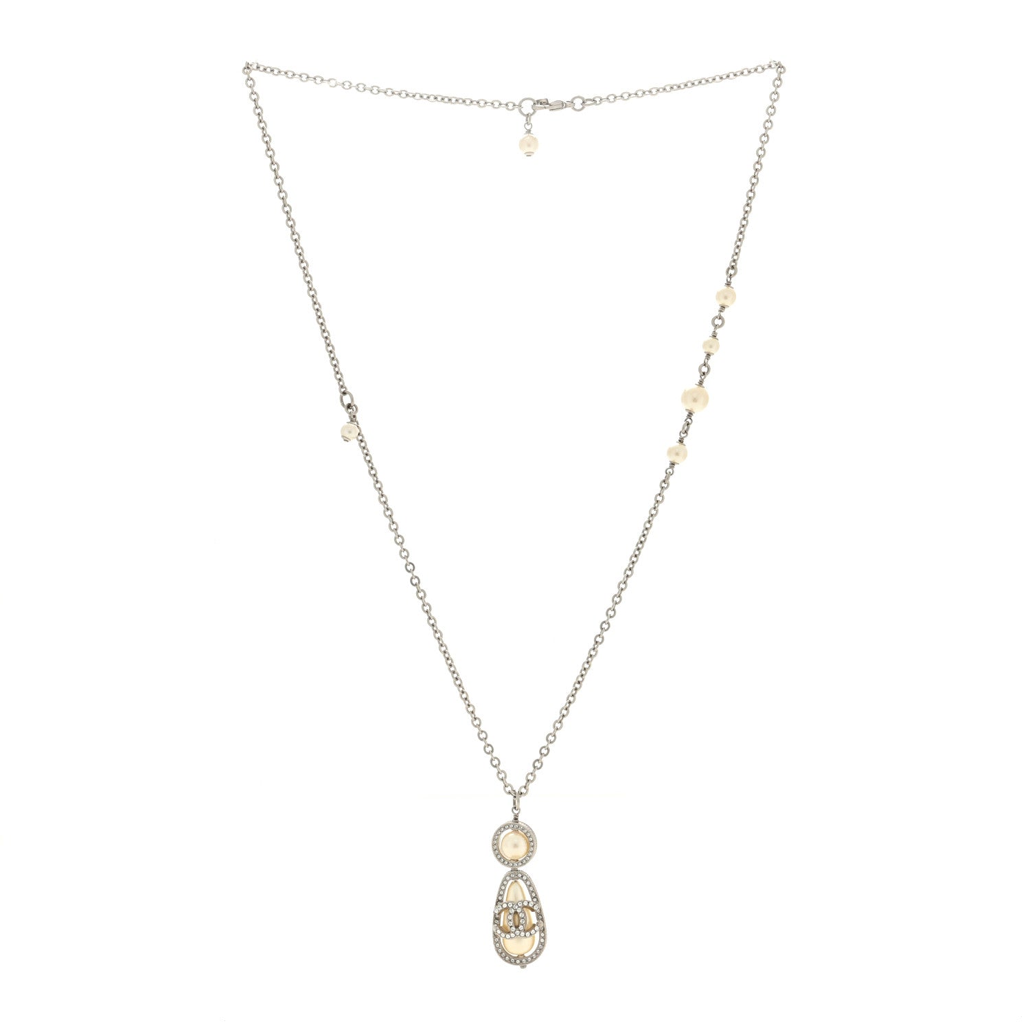 Chanel Crystal Pearl CC Necklace Silver 2 of 5