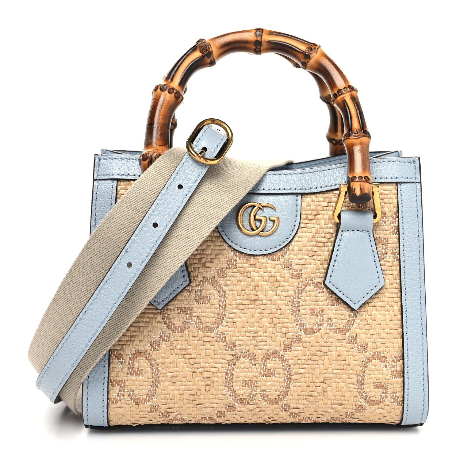 Gucci Raffia Textured Dollar Calfskin GG Monogram Mini Diana Tote Bag Light Blue Natural 1 of 11