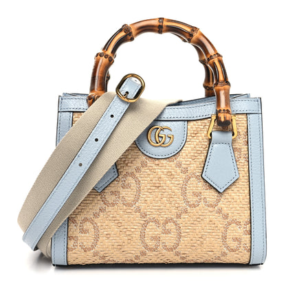Gucci Raffia Textured Dollar Calfskin GG Monogram Mini Diana Tote Bag Light Blue Natural 1 of 11