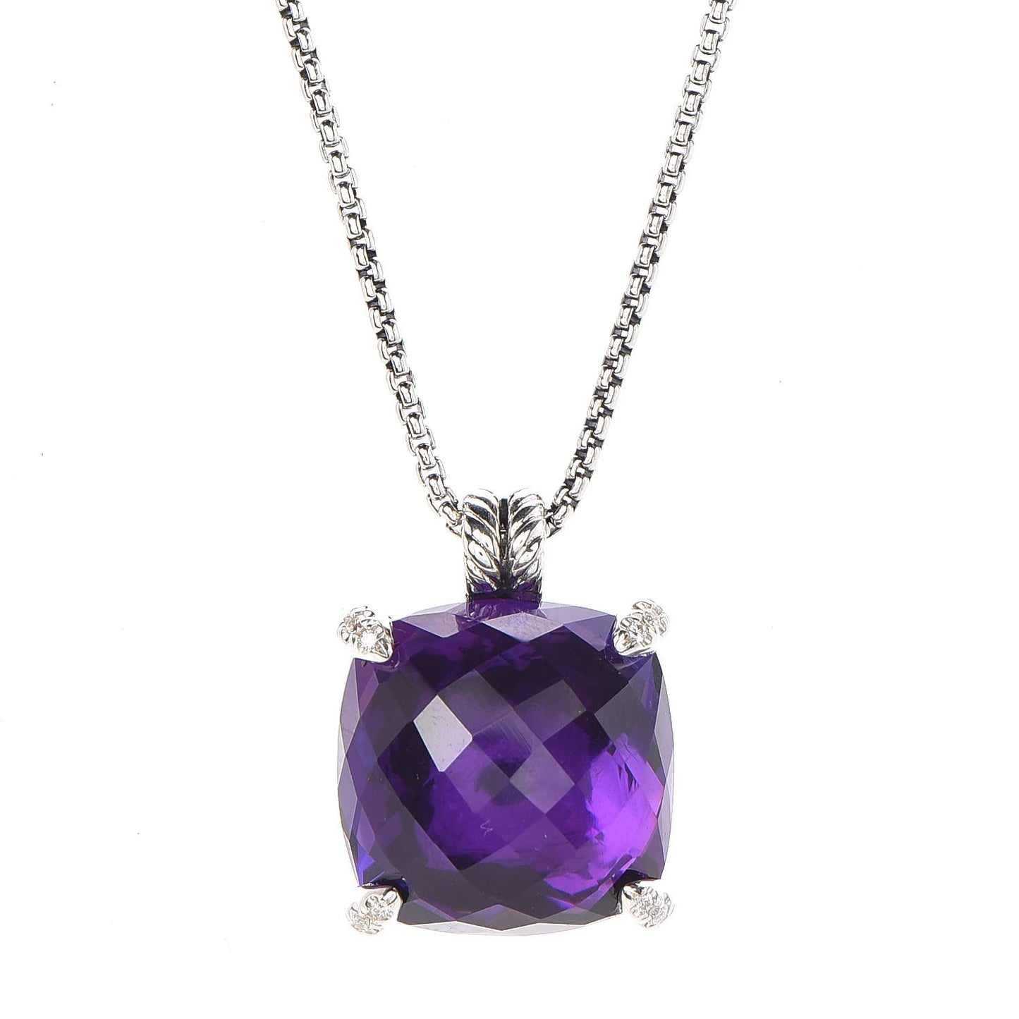 Sterling Silver Diamond Amethyst 20mm Chatelaine Pendant Necklace