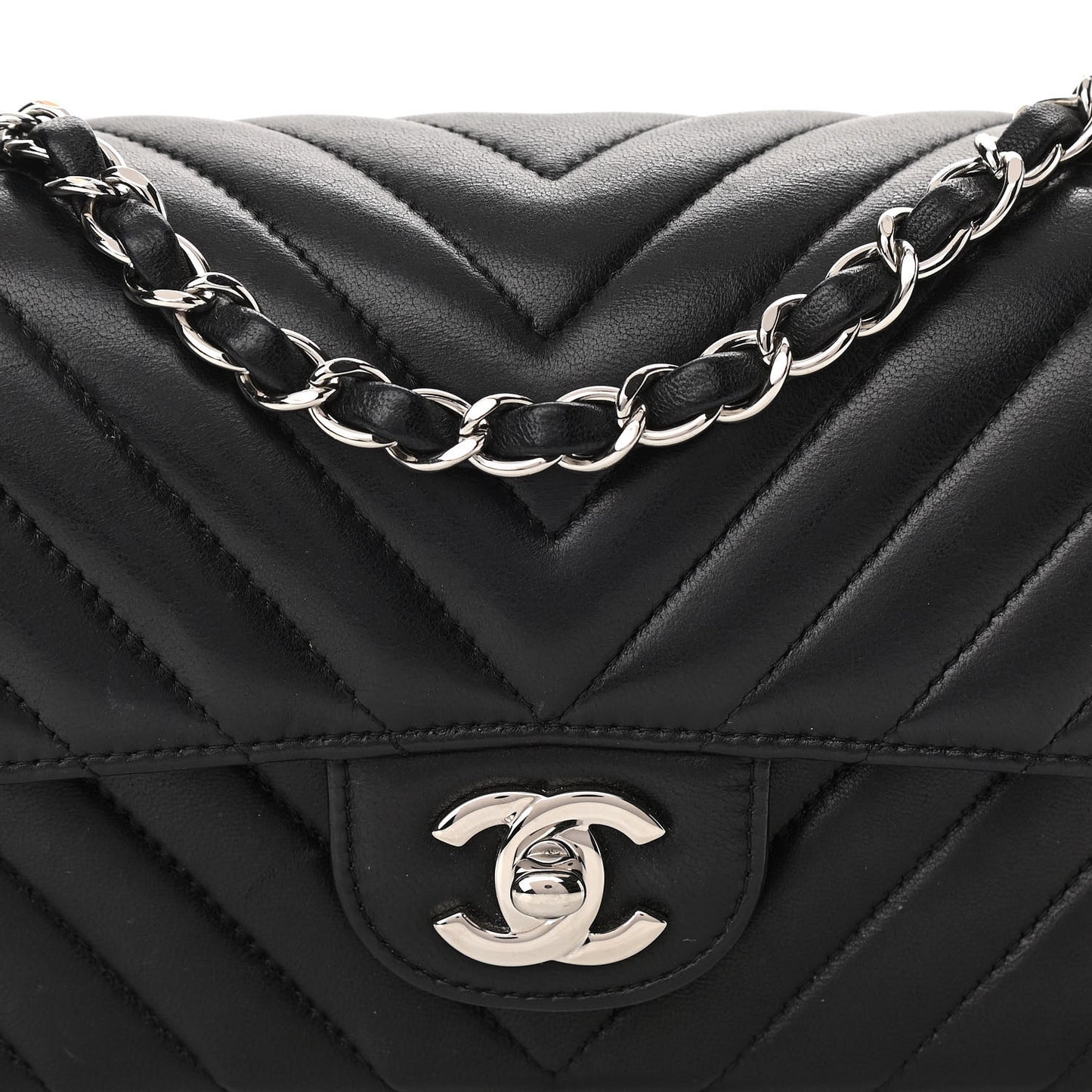 Lambskin Chevron Quilted Mini Rectangular Flap Black