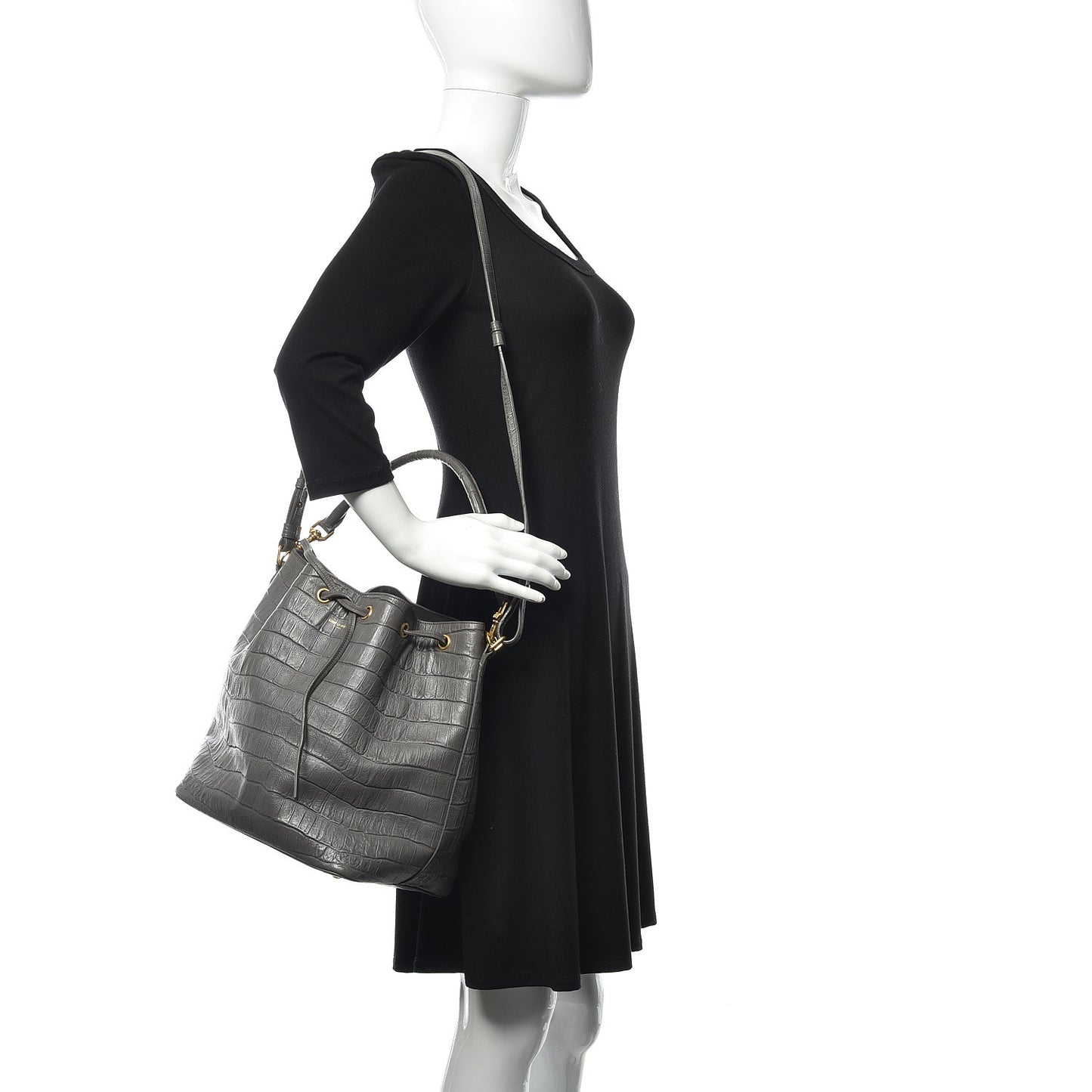 Calfskin Crocodile Embossed Large Emmanuelle Bucket Bag Fog