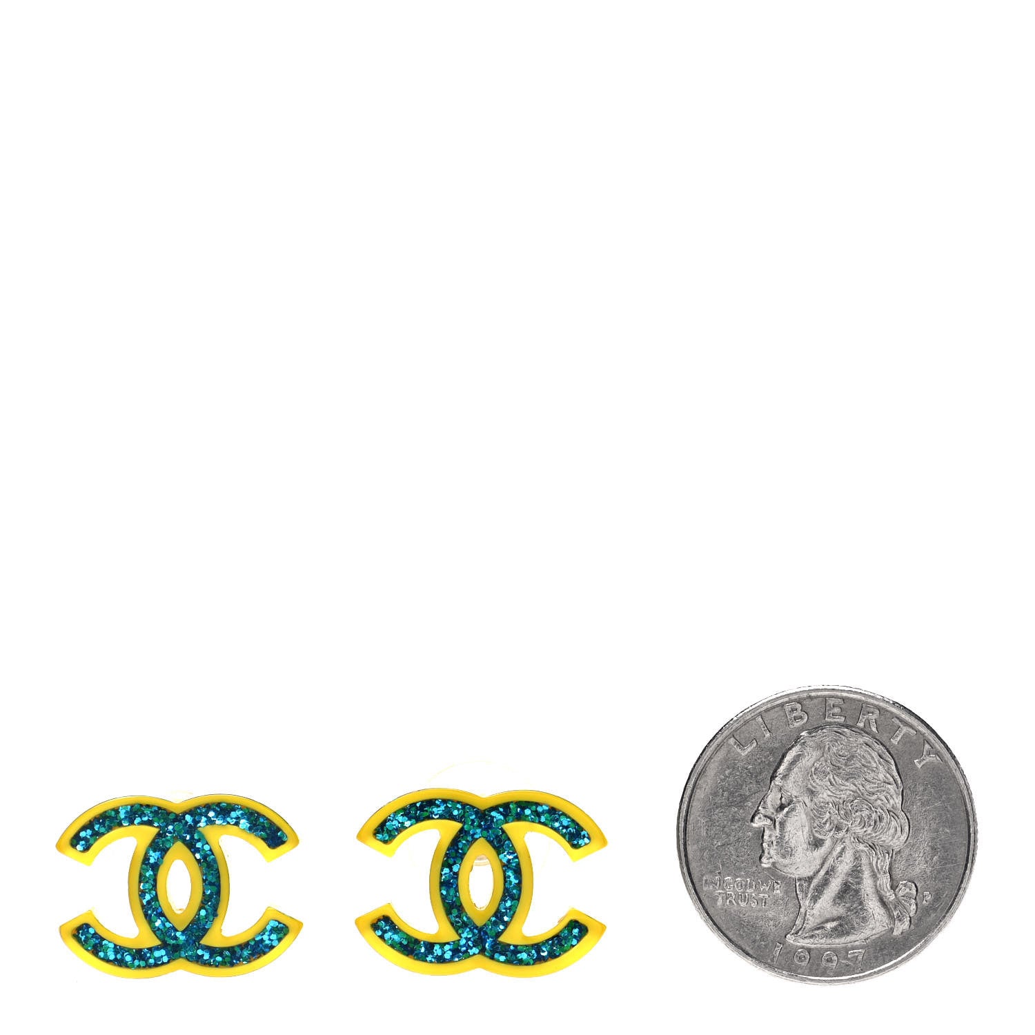Chanel Glitter Resin CC Earrings Yellow Blue 2 of 4