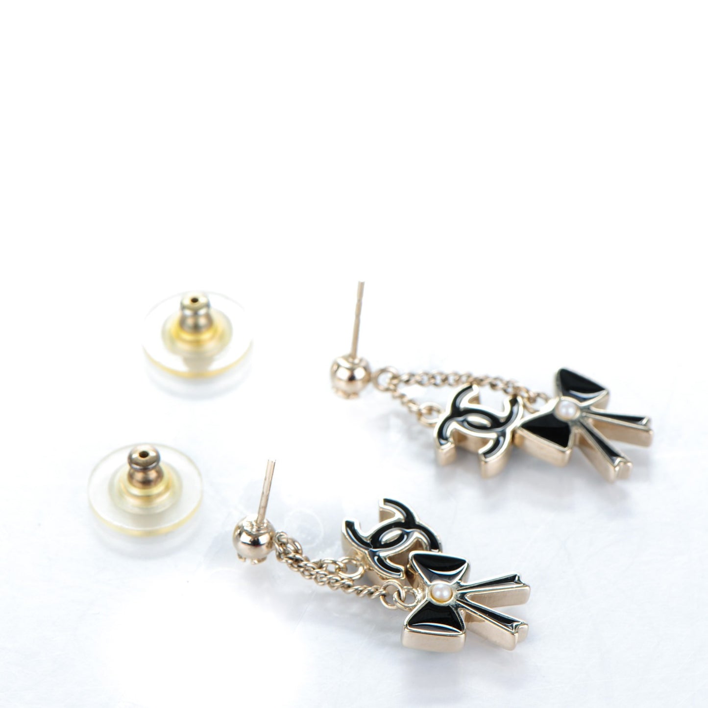 Enamel Bow CC Dangle Earrings Black Gold