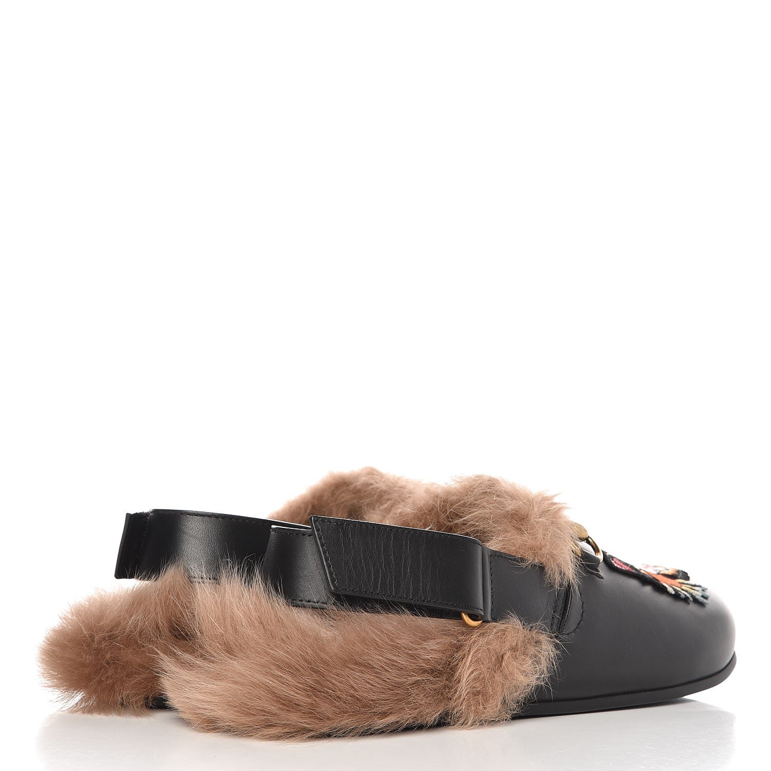 Gucci Calfskin Fur Angry Cat Mens Horsebit River Slingback Slippers 7 Black 4 of 10