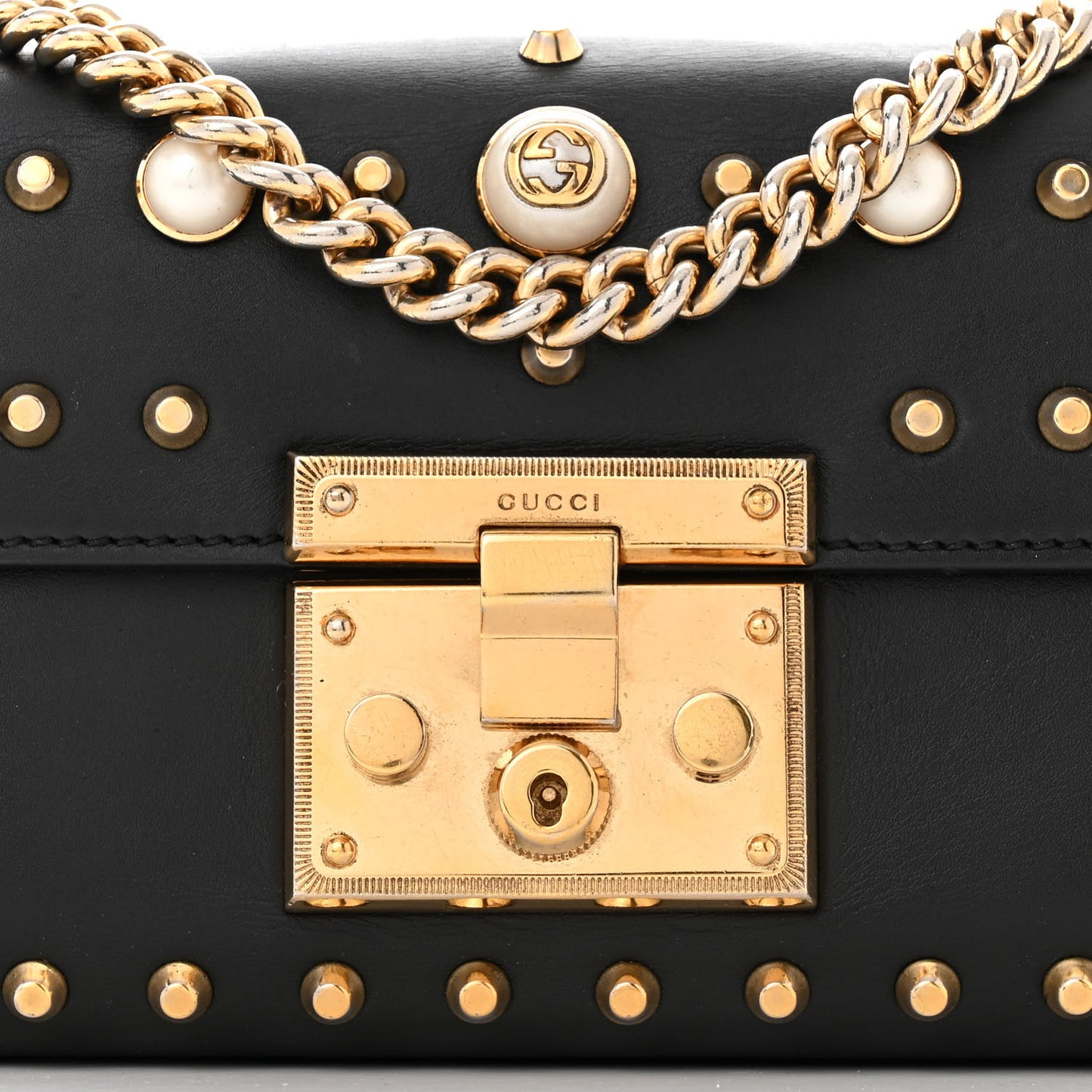 Calfskin Studded Small Padlock Shoulder Bag Black