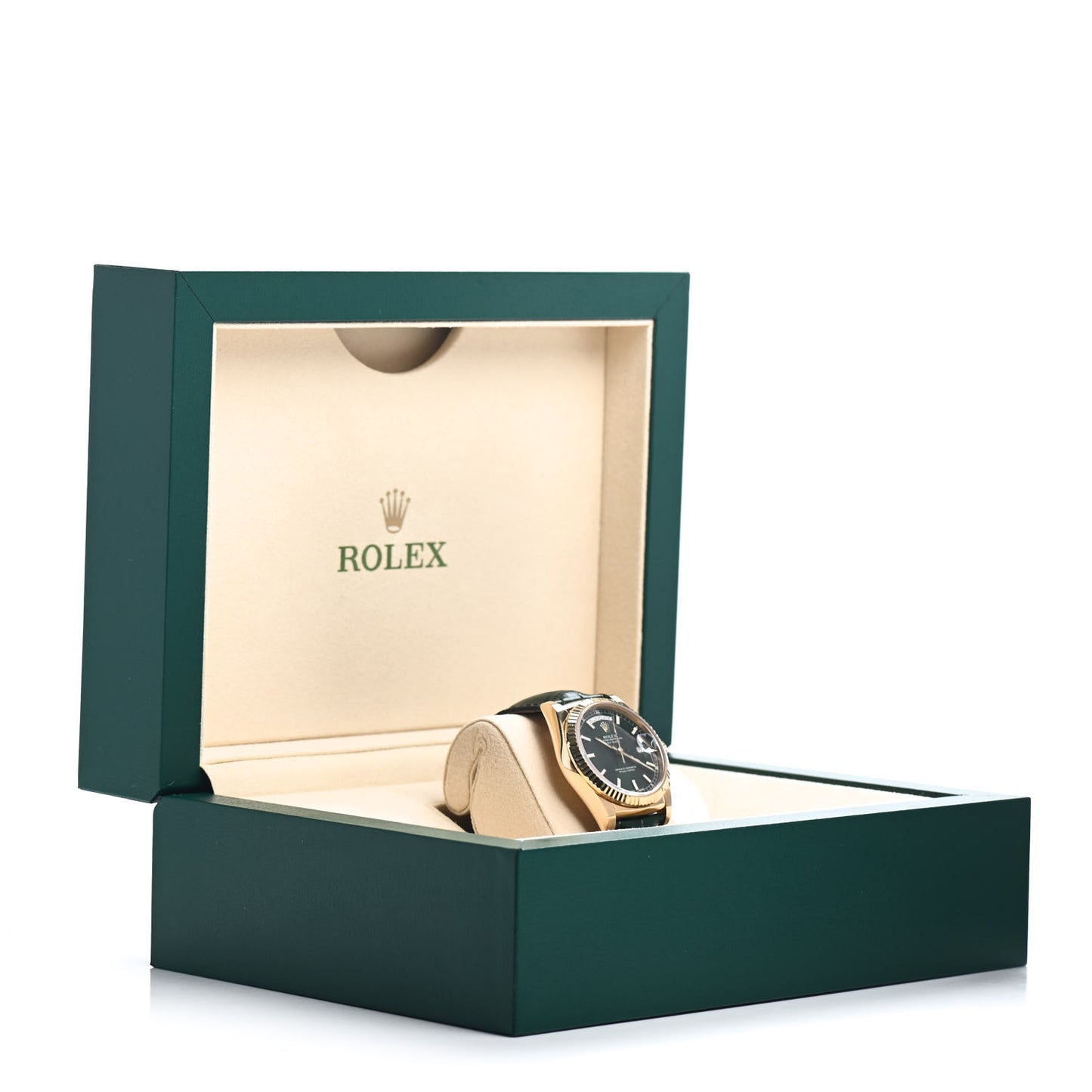 18K Yellow Gold Alligator 36mm Oyster Perpetual Day-Date Watch Green 118138