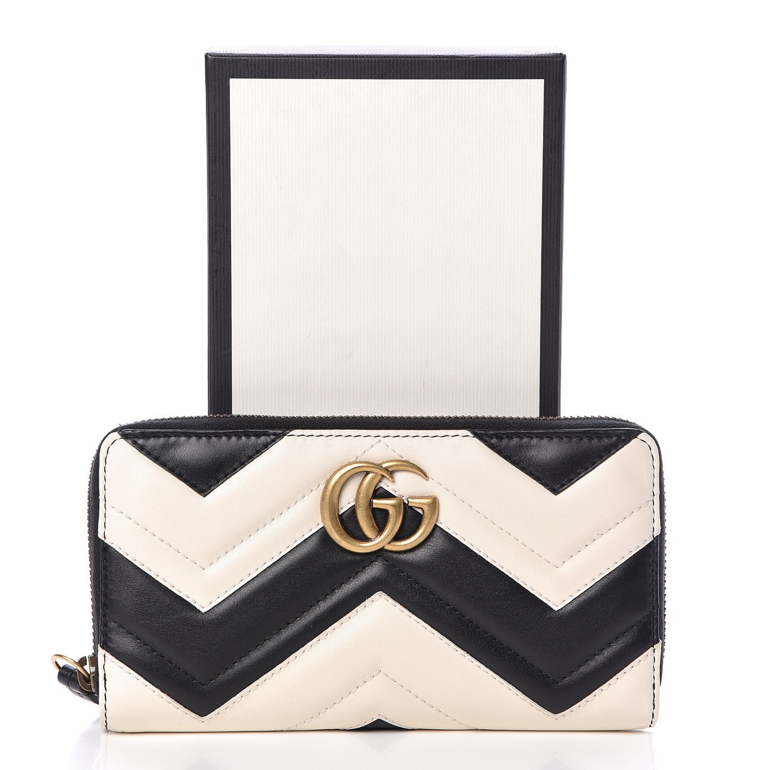 Gucci Calfskin Matelasse GG Marmont Zip Around Wallet Black White 8 of 8