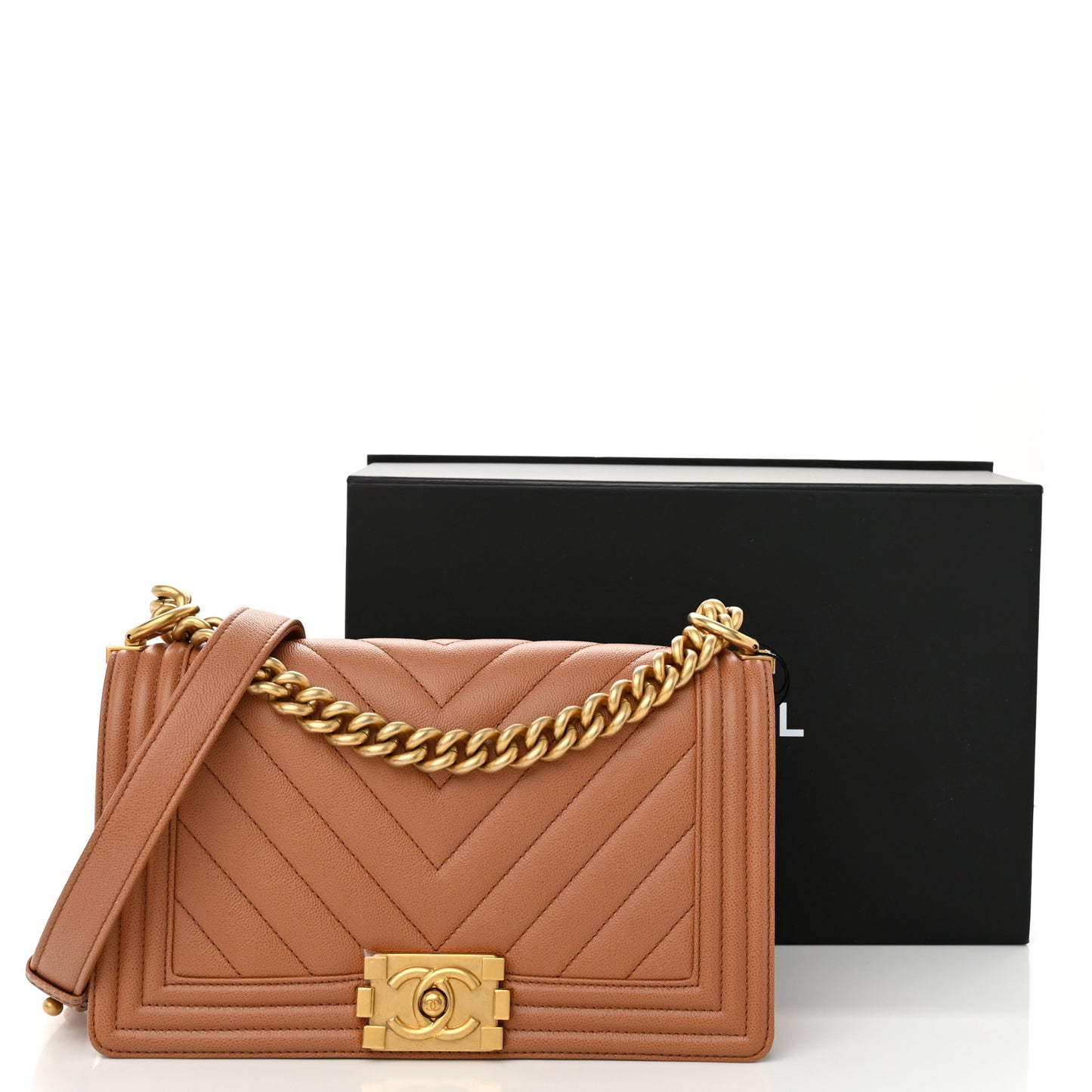 Caviar Chevron Quilted Medium Boy Flap Brown