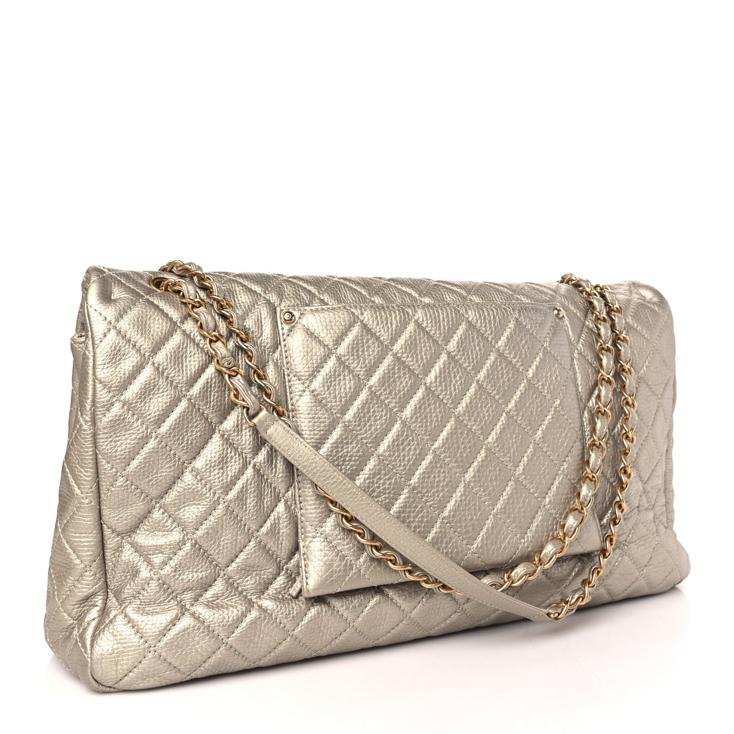 Metallic Calfskin Quilted XXL Travel Flap Bag Gold