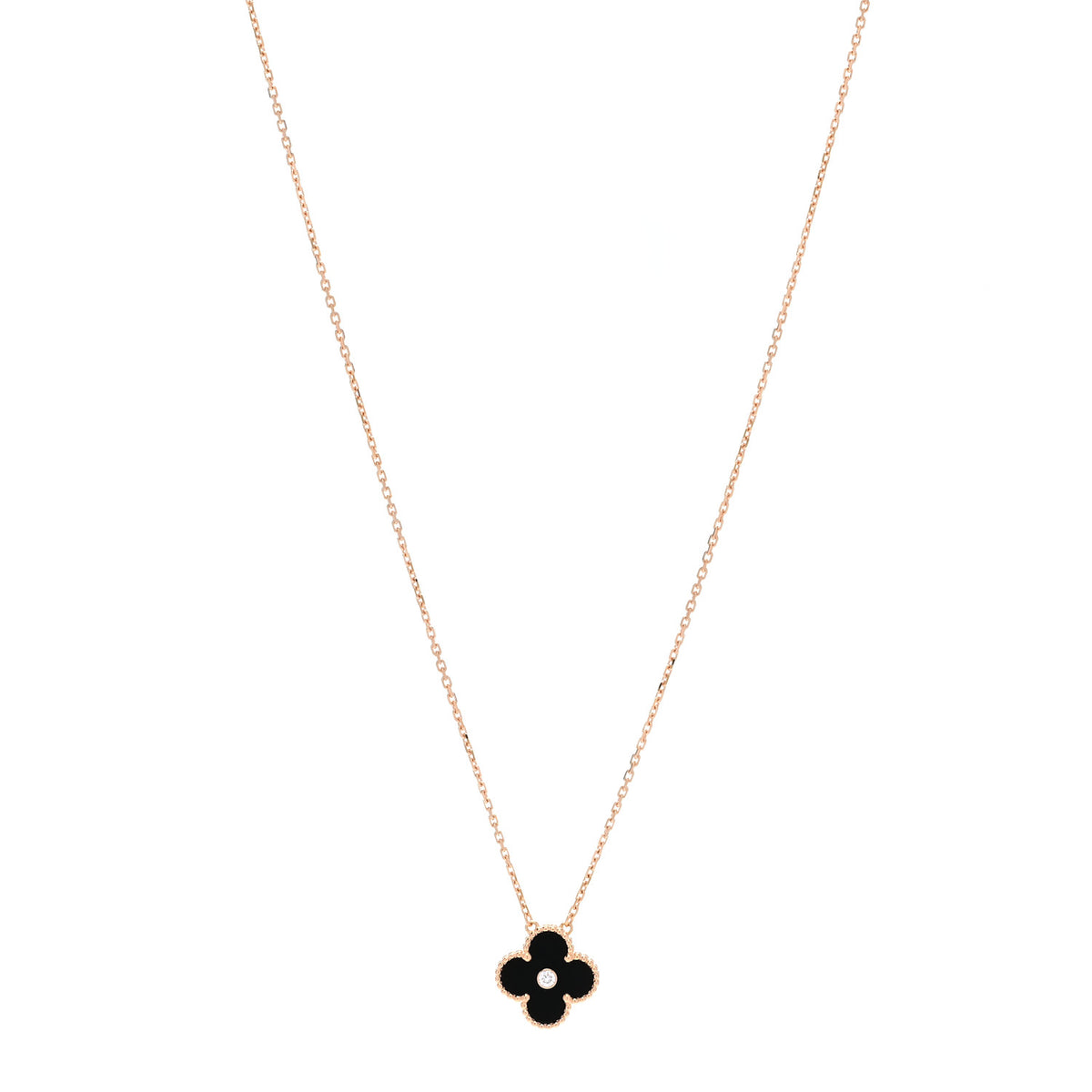 18K Rose Gold Diamond Black Onyx Vintage Alhambra Pendant Necklace