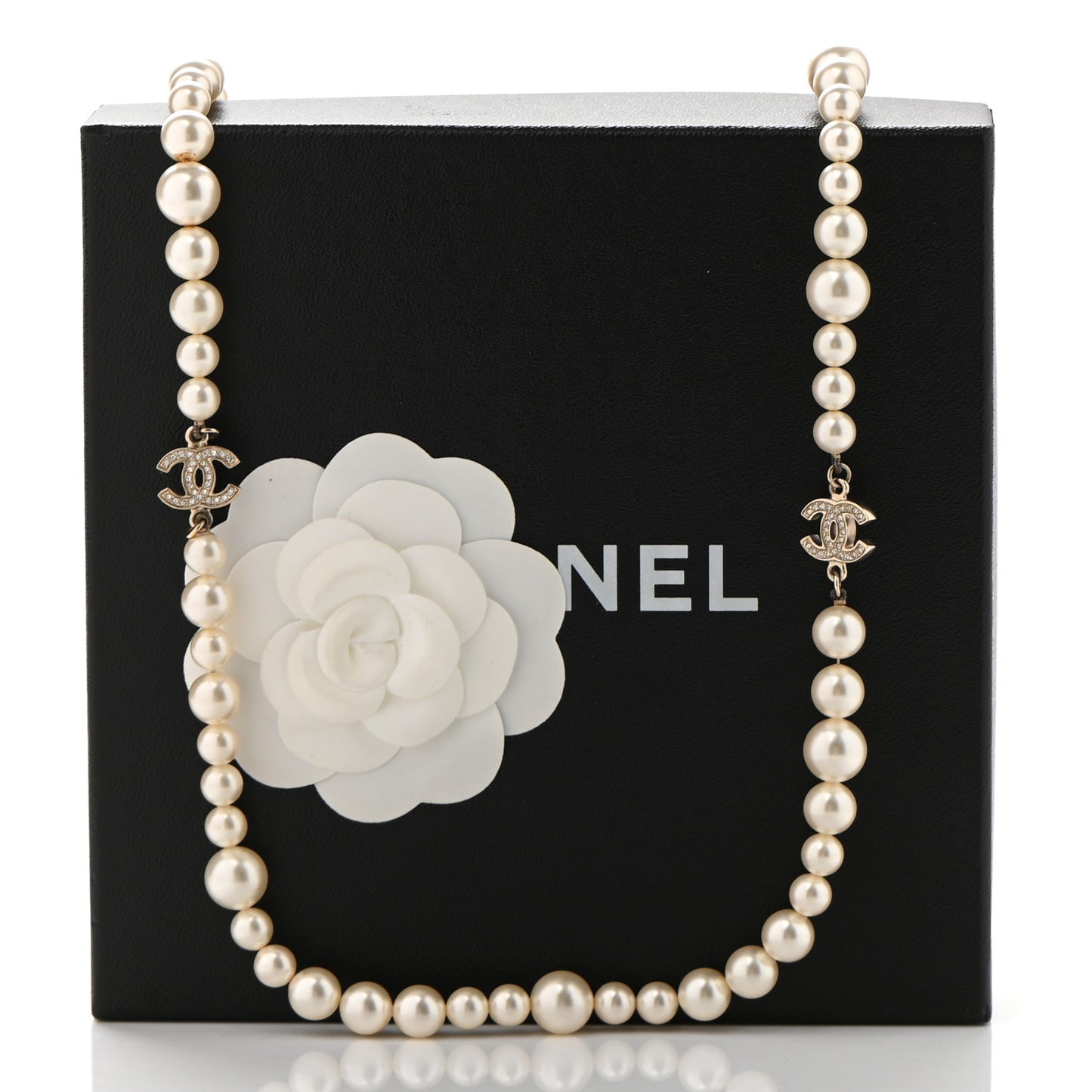 Graduated Pearl Crystal CC Long Necklace Light Gold