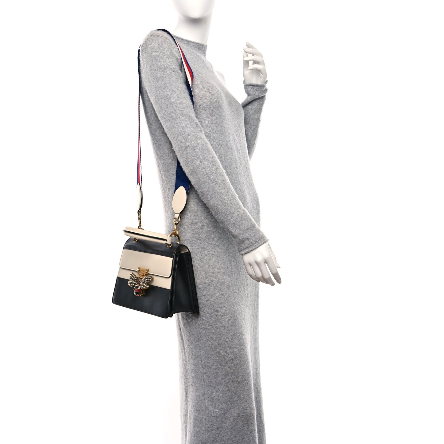 Calfskin Sylvie Web Small Queen Margaret Top Handle Bag Black White