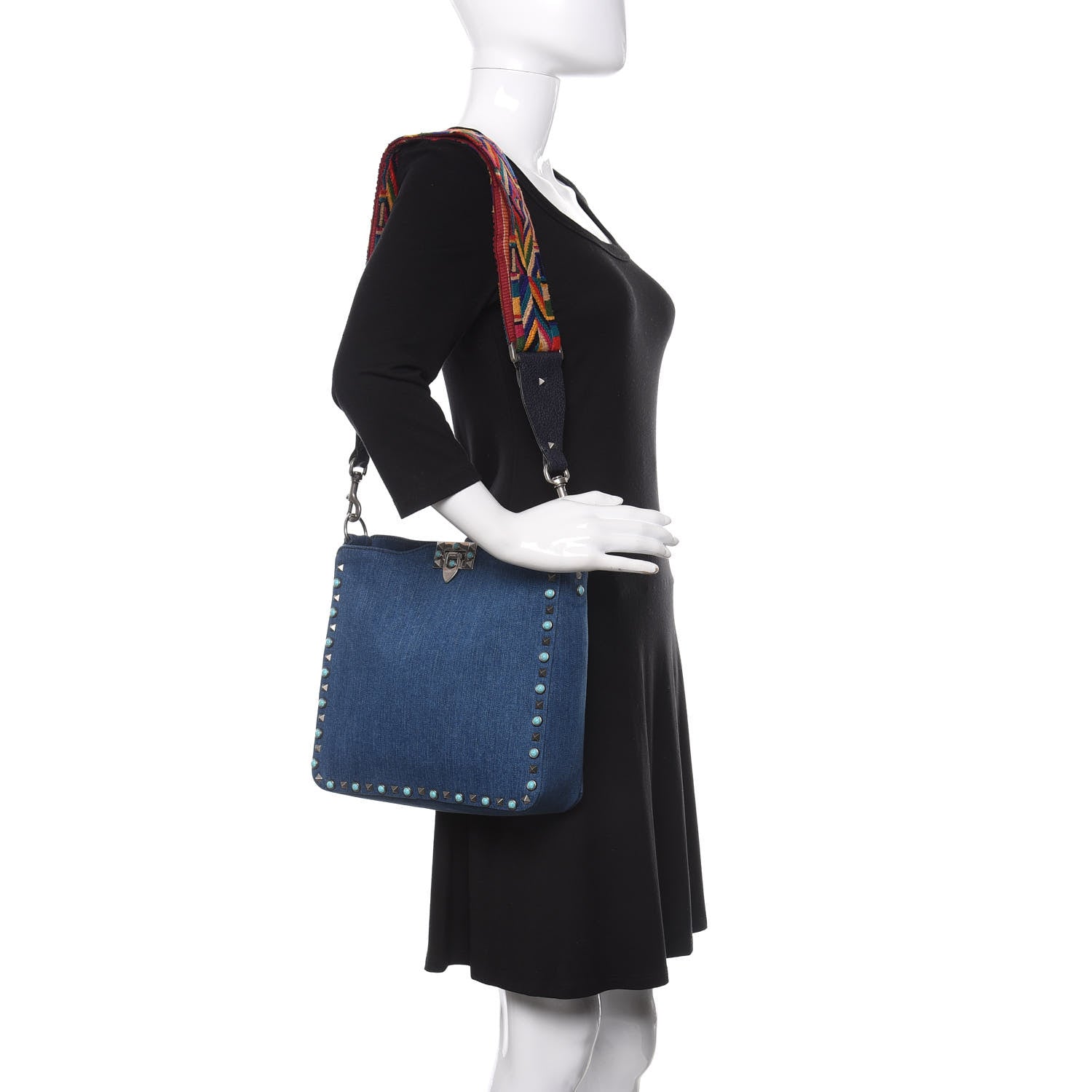Valentino Garavani Denim Small Guitar Strap Rockstud Rolling Flip-Lock Messenger Bag Blue 2 of 9