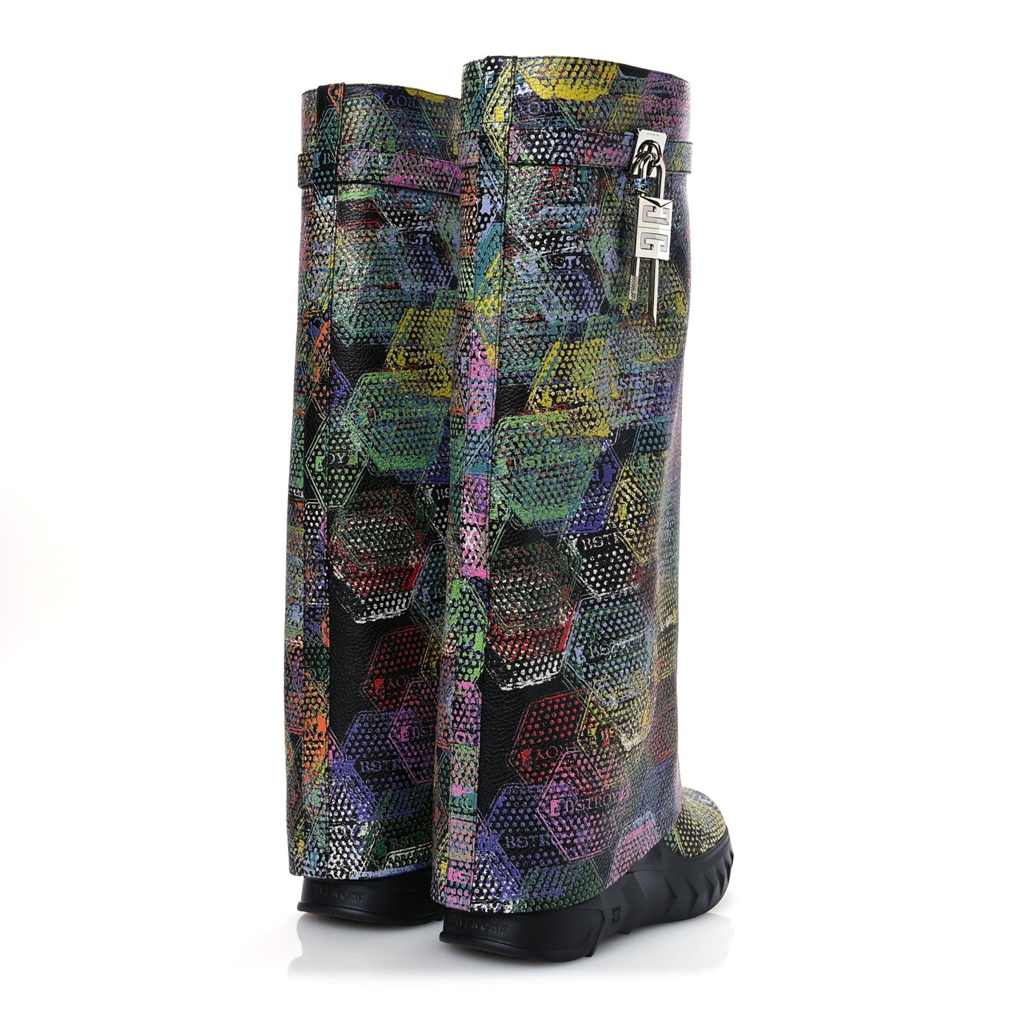 Grained Calfskin Printed Shark Lock Biker Knee Boots 40 Black Multicolor