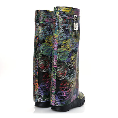 Givenchy Grained Calfskin Printed Shark Lock Biker Knee Boots 40 Black Multicolor 5 of 11