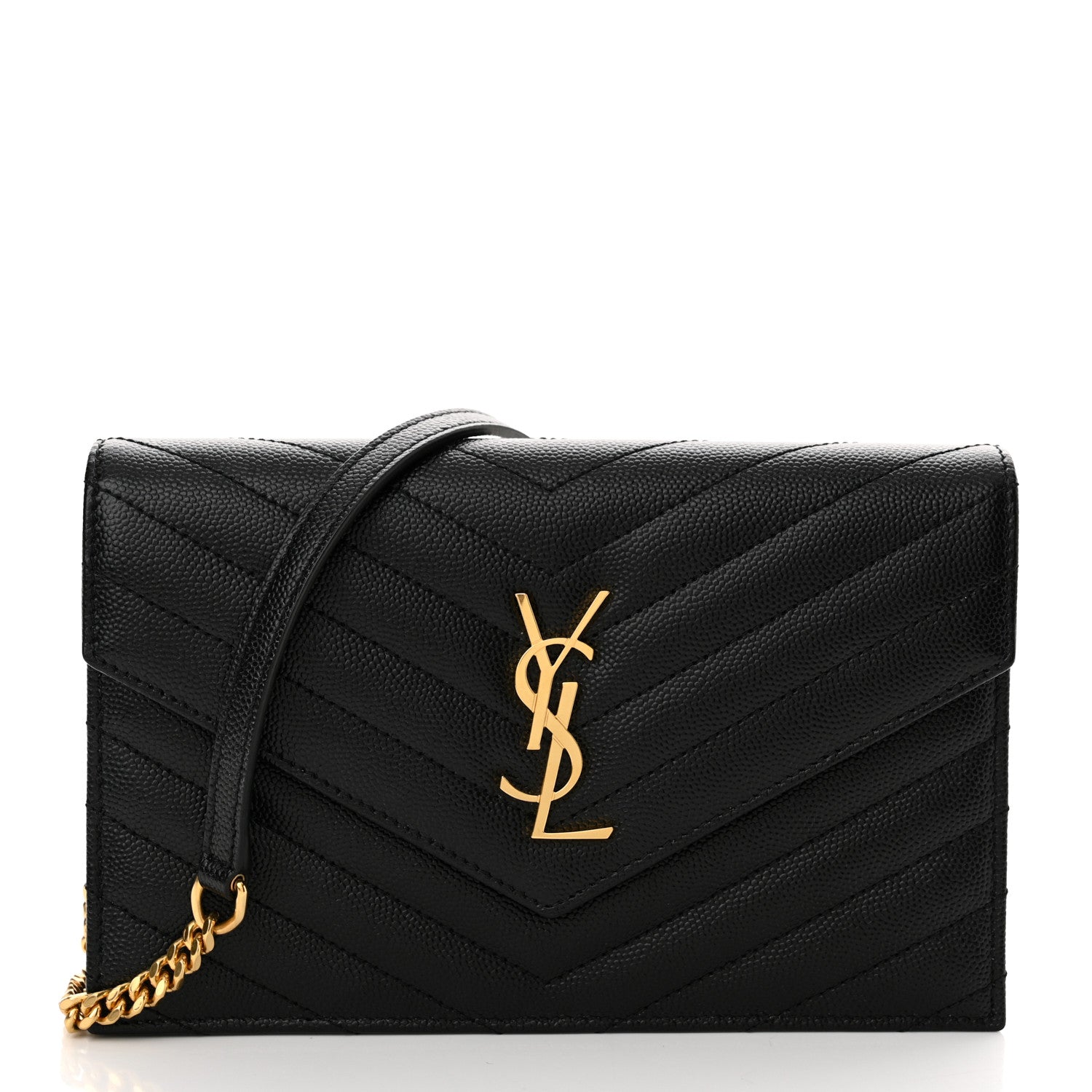 Saint Laurent Grain De Poudre Matelasse Chevron Monogram Envelope Chain Wallet Black 1 of 10