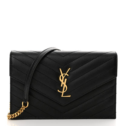 Saint Laurent Grain De Poudre Matelasse Chevron Monogram Envelope Chain Wallet Black 1 of 10