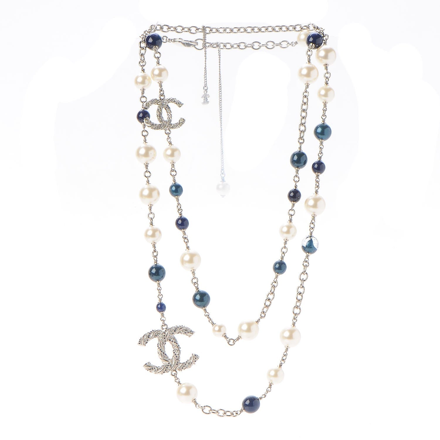 Chanel Pearl Bead CC Long Necklace Blue Silver 4 of 7