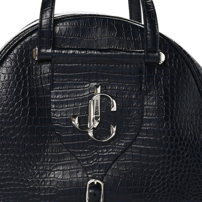 Jimmy Choo Calfskin Crocodile Embossed Small Varenne Bowling Bag Navy 7 of 9