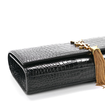 Saint Laurent Calfskin Crocodile Embossed Classic Monogram Tassel Clutch Black 7 of 8