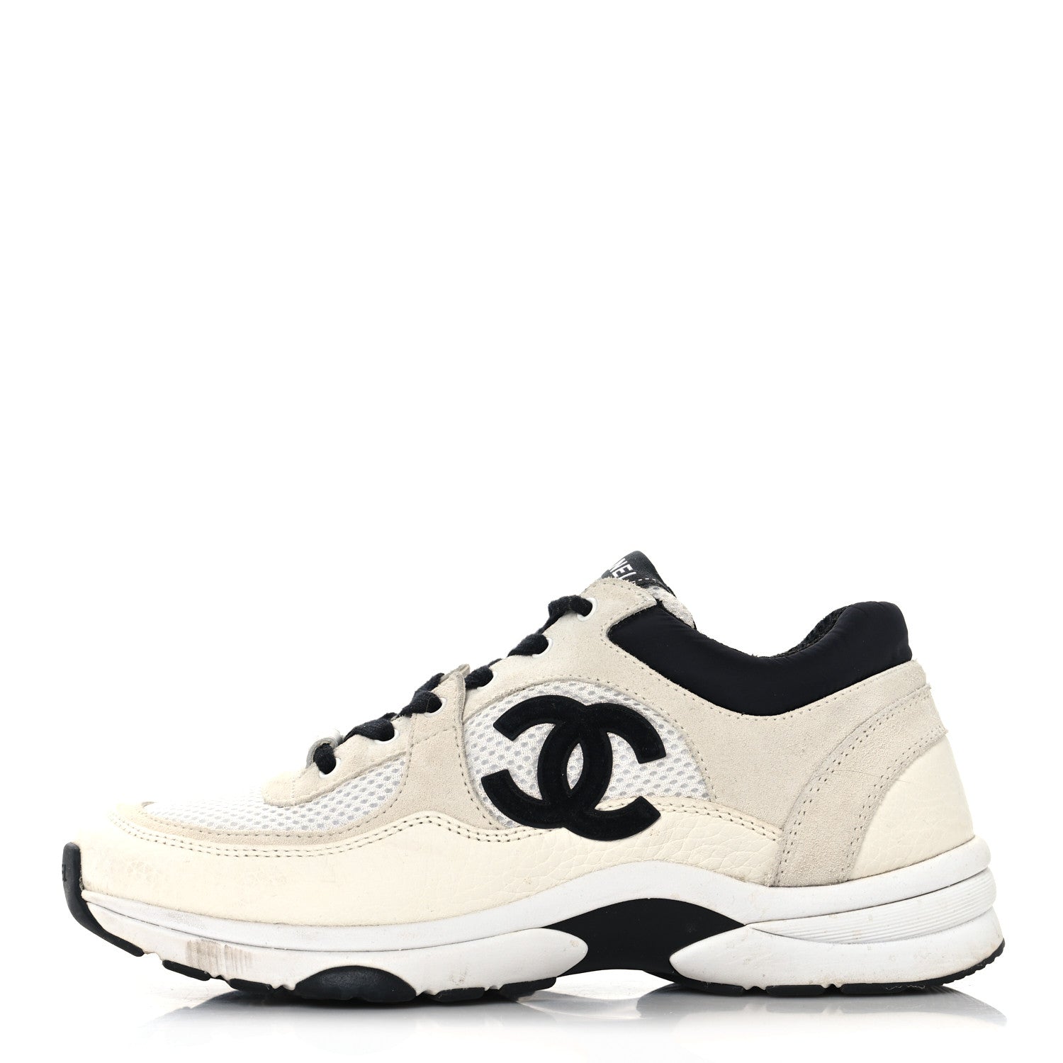 Chanel Mesh Suede Calfskin Grained Calfskin Womens CC Sneakers 37.5 White Black 1 of 8