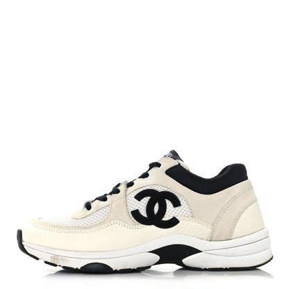 Chanel Mesh Suede Calfskin Grained Calfskin Womens CC Sneakers 37.5 White Black 1 of 8