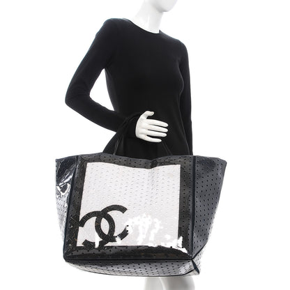 Chanel Canvas Vinyl Perforated CC Tote White Black Dark Navy 2 of 8