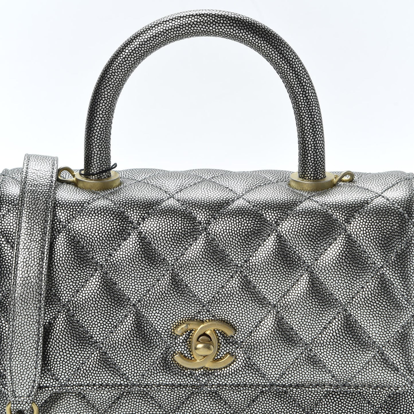 Metallic Caviar Quilted Mini Coco Handle Flap Silver