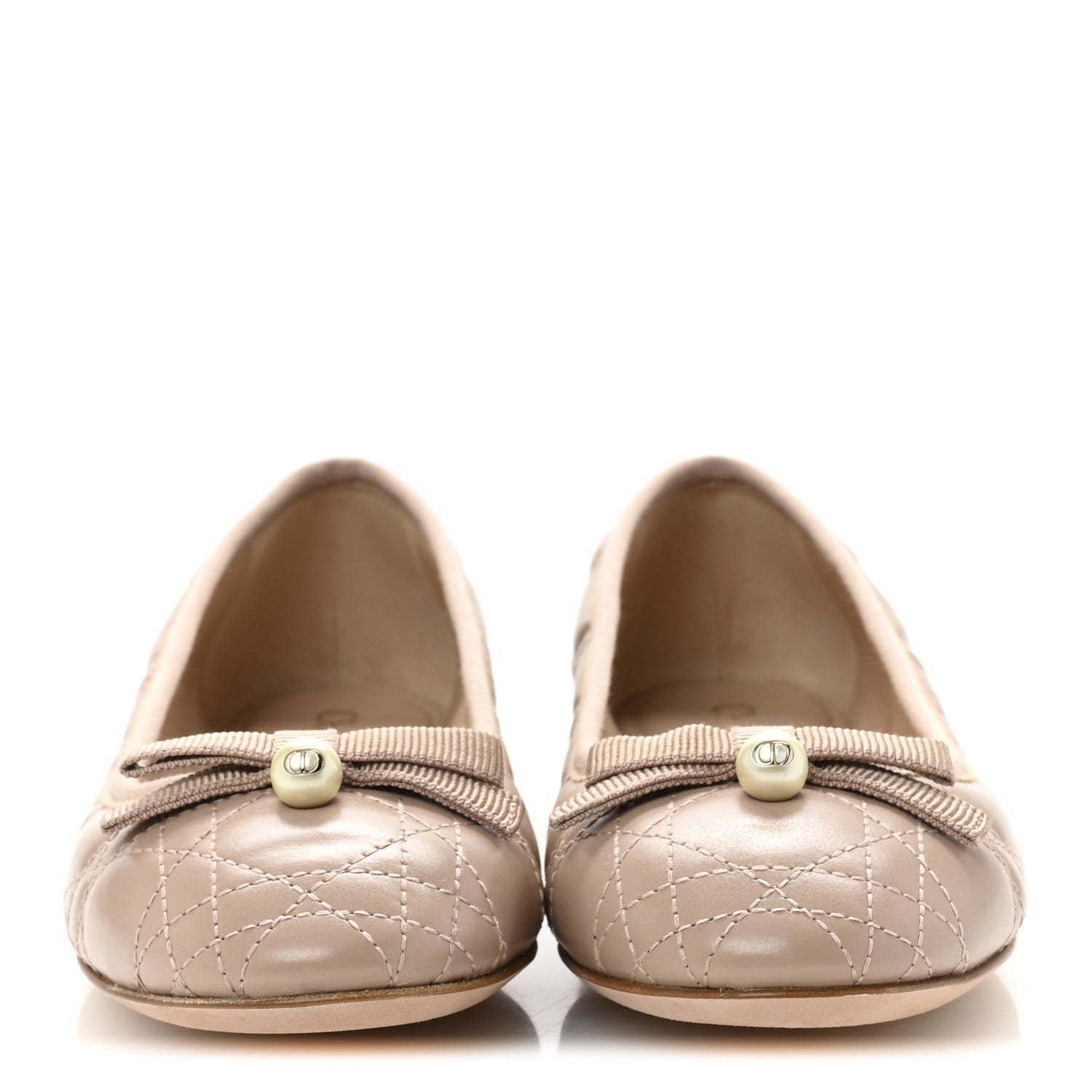 Christian Dior Calfskin Cannage Pearl Bow Ballet Flats 37.5 Nude 3 of 10