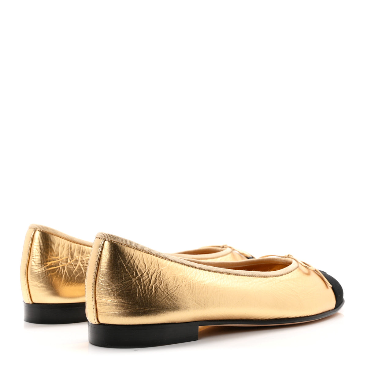 Metallic Laminated Lambskin Grosgrain CC Cap Toe Ballerina Flats 38 Dark Gold Black