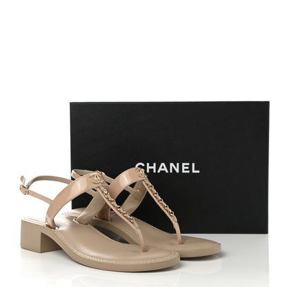 Chanel Lambskin Patent Chain CC Logo Thong Sandals 41.5 Beige 9 of 9