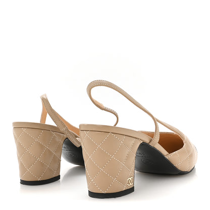 Chanel Lambskin Patent Calfskin Quilted Cap Toe CC Slingback Pumps 38.5 Beige Black 5 of 9