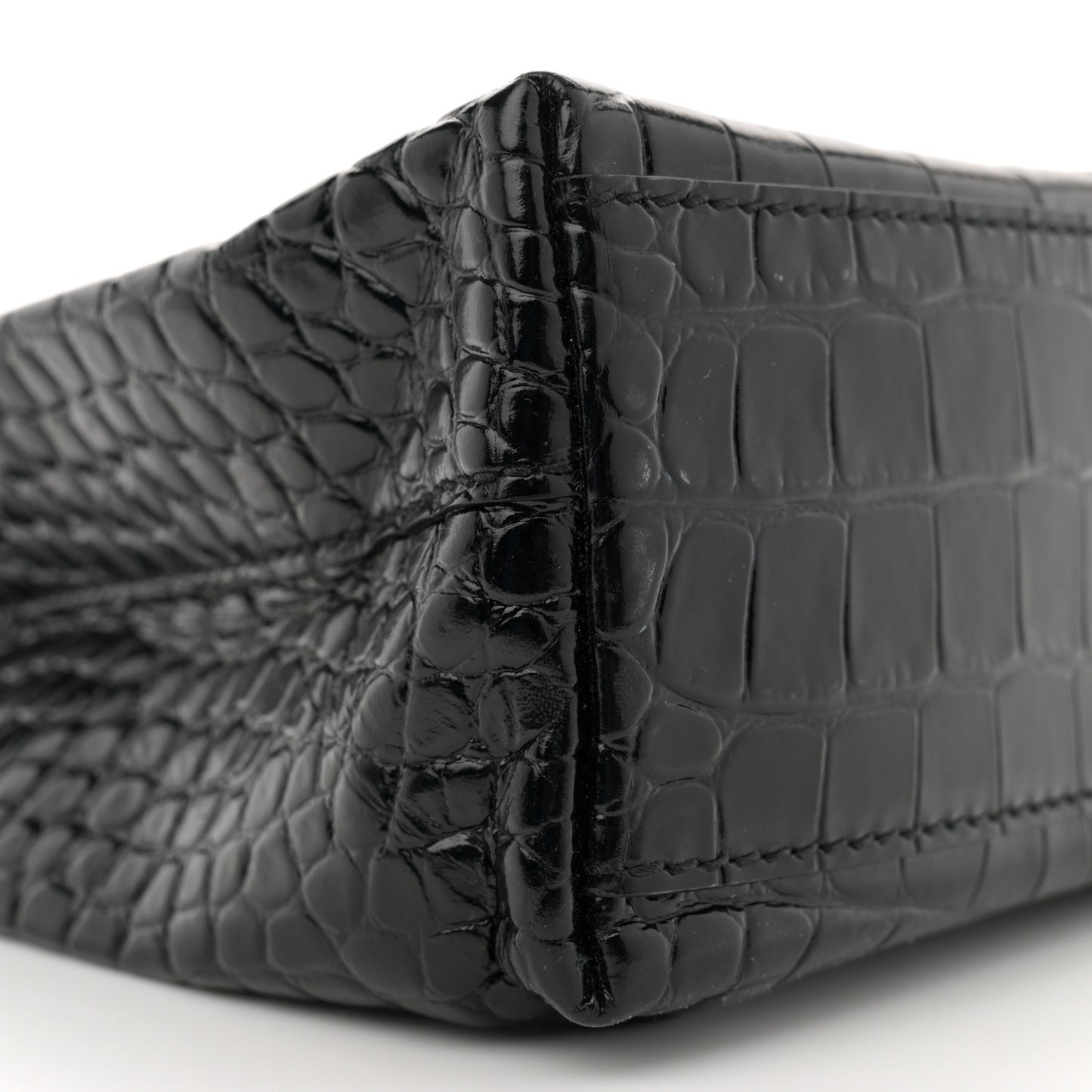 Shiny Calfskin Logo Crocodile Embossed North South Shopper Tote XXS Black White