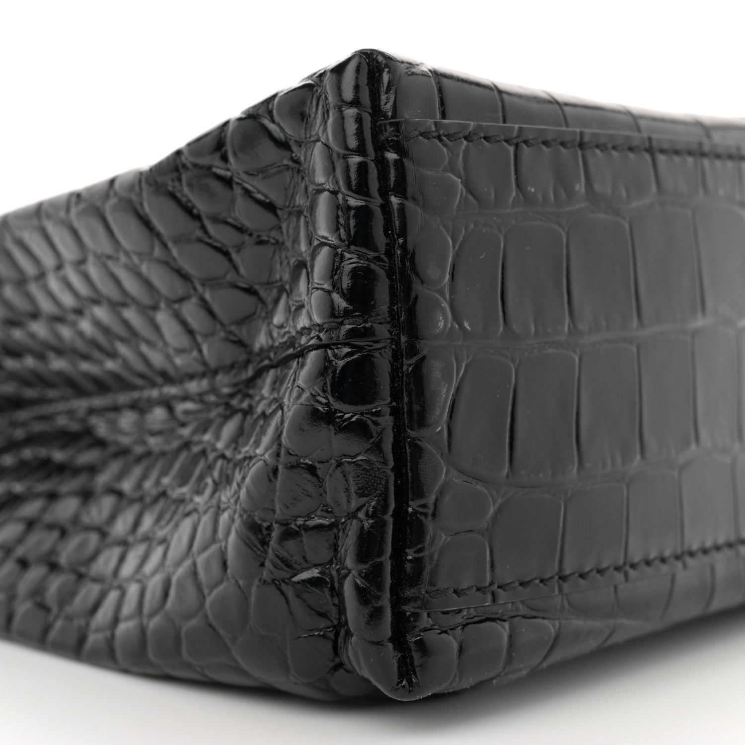 Balenciaga Shiny Calfskin Logo Crocodile Embossed North South Shopper Tote XXS Black White 9 of 10